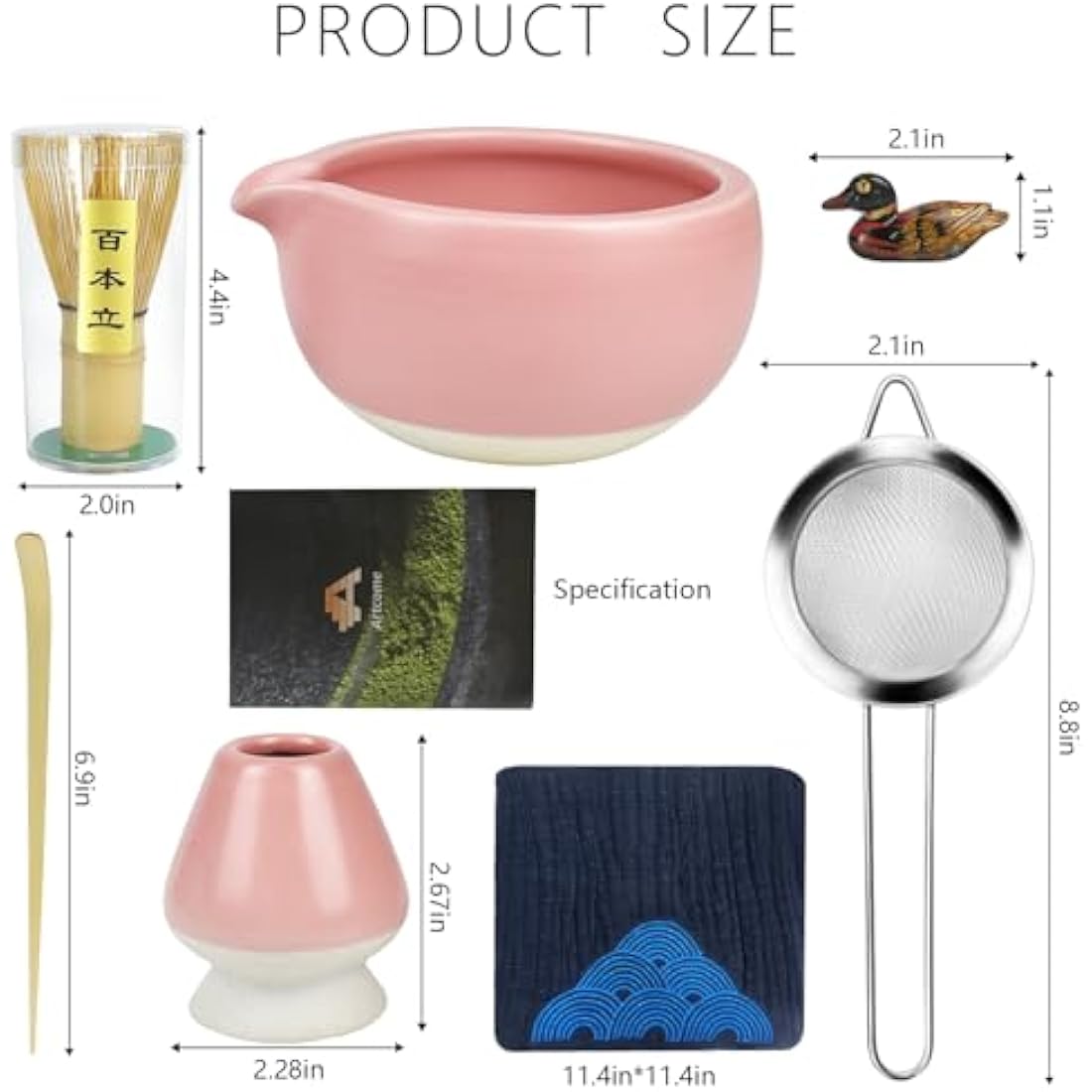 Artcome 7 Pcs Complete Matcha Tea Ceremony Kit - Bowl, Whisk, Scoop, Strainer, Powder, Set for Usucha, Koicha, Latte (Pink)