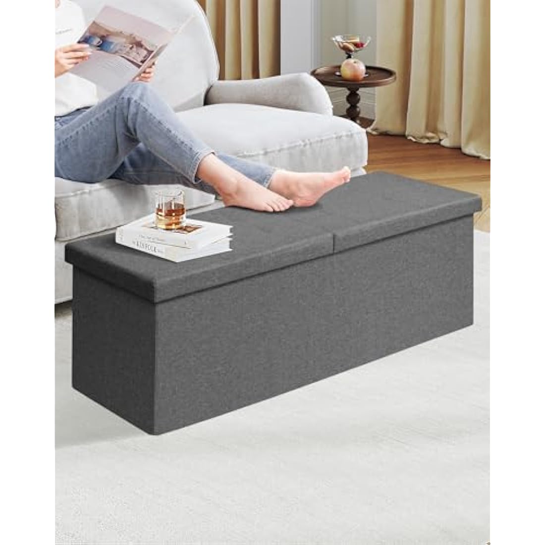 Bonlife Extra Large Folding Ottoman Storage Box,Linen Toy Storage Chest,Window Seat with Storage Trunk,End of Bed Bench,Grey 110x38x38cm