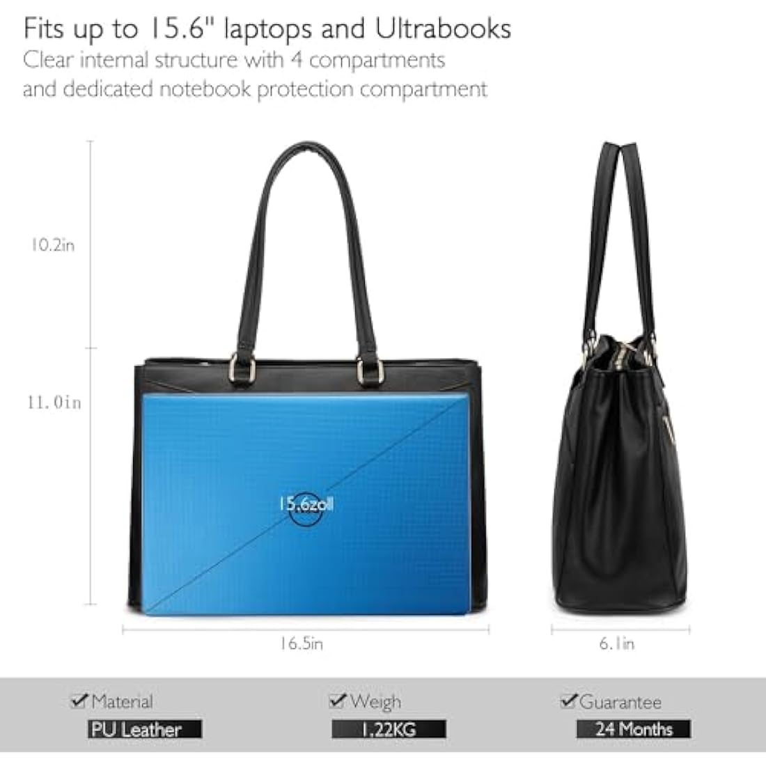 LOVEVOOK Laptop Bags for Women Tote Bag 15.6 Inch, Ladies Handbags PU Leather Work Bag for Office Business Shopping, Large Womens Hand Bag with Laptop Compartments, Black