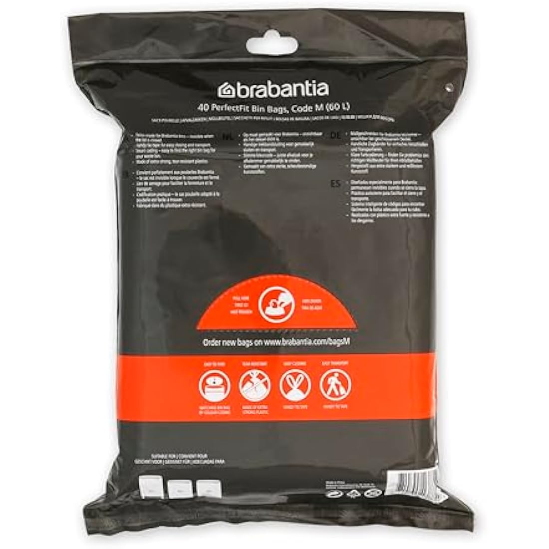 Brabantia 138829 PerfectFit Bin Liners (Size M/60 Litre) Thick Plastic Trash Bags with Tie Tape Drawstring Handles (40 Bags), White