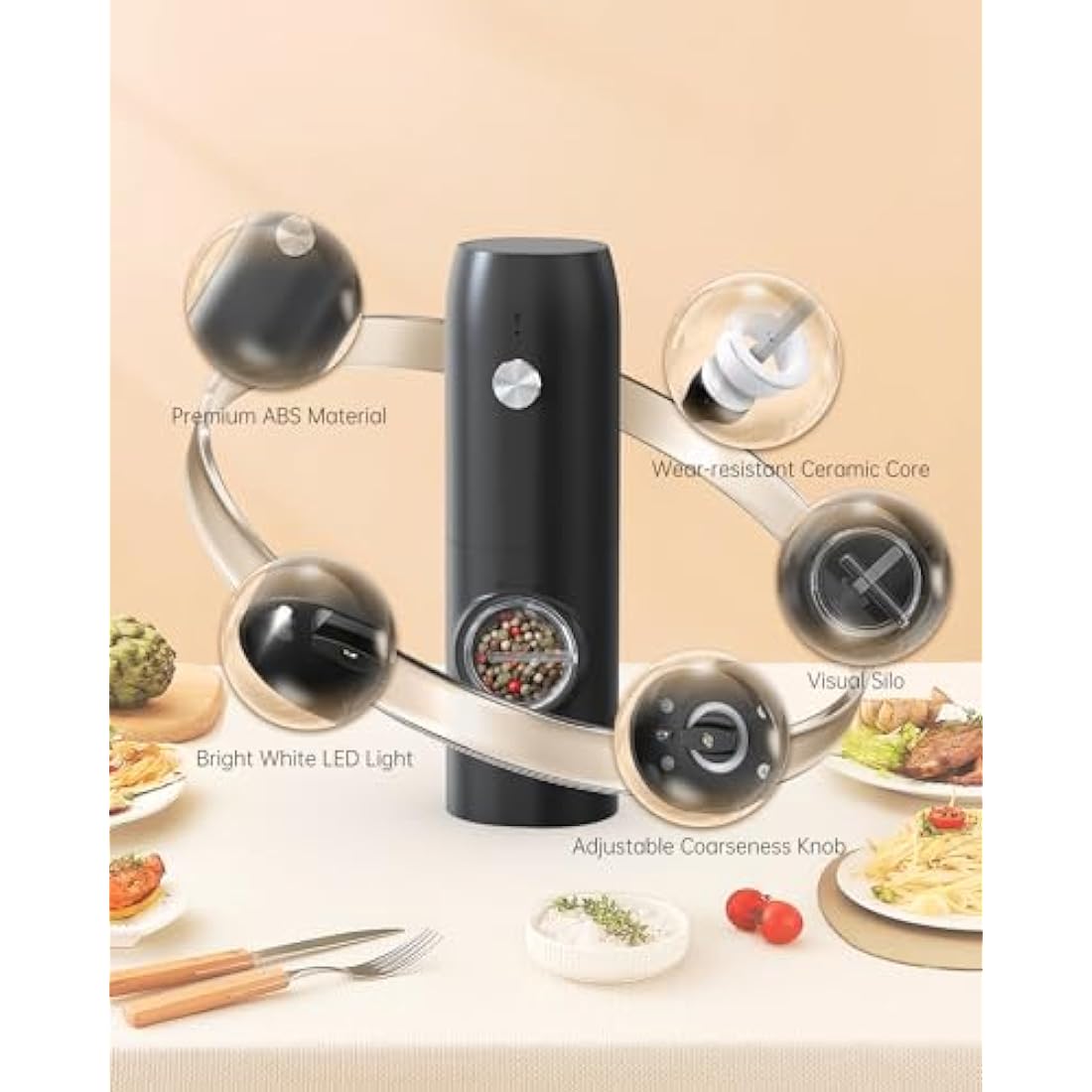 CIRCLE JOY Electric Pepper Grinder Mills, Rechargeable Salt and Pepper Set with Charging Base, Ceramic Grind and Adjustable Coarseness, Automatic Grinder for Home, Kitchen, Black White
