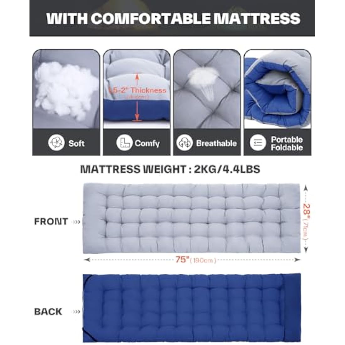 Sportneer Camp Beds for Adults with 1.5" Thick Mattress, Camping Bed 74 * 28" Extra Wide Support 450lbs for AdultsTravel Fishing Picnic Outdoor
