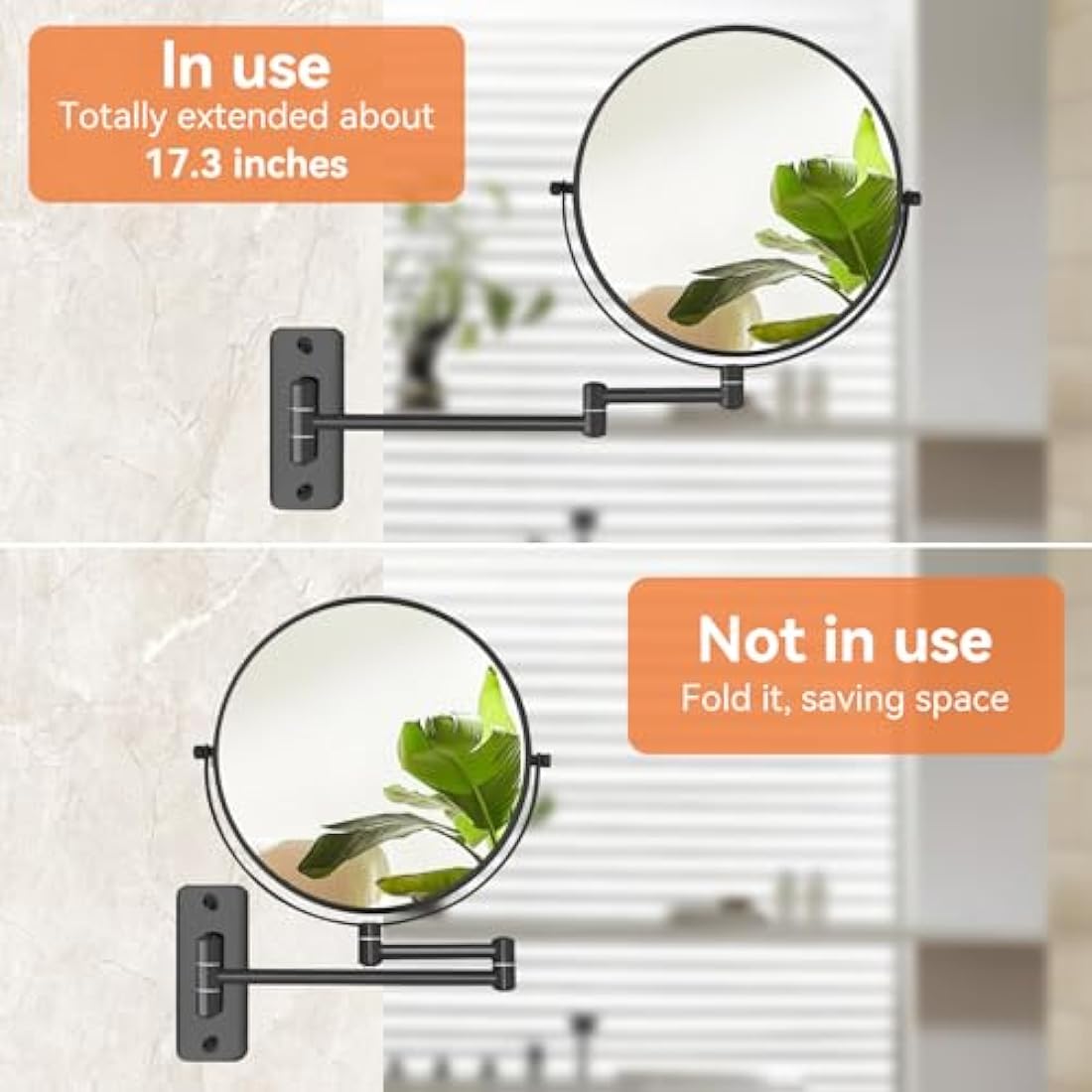 AumVum 8 inch Makeup Mirror Wall Mounted, 1X/10X Double-Sided Wall Mount Magnifying Bathroom Shaving Mirror with Extendable Arm, 360° Swivel for Bathroom Vanity and Makeup, Matte Black（No Light）