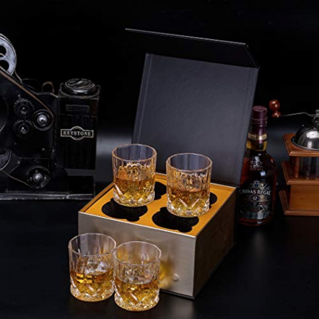 KANARS Whisky Glasses Set, No-Lead Crystal Whiskey Glass for Bourbon, Tequila, Cocktail, Cognac, Martini, Unique Stylish Gift Box, Set of 4, 300 ml