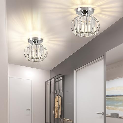 ZYDTRIP Crystals Ceiling Light Fixtures Chandelier, Small Semi Flush Mount Ceiling Light Fitting for Hallway Entrance Kitchen Bedroom Dining Rooms Living Rooms Bar (2 Pack Silver)