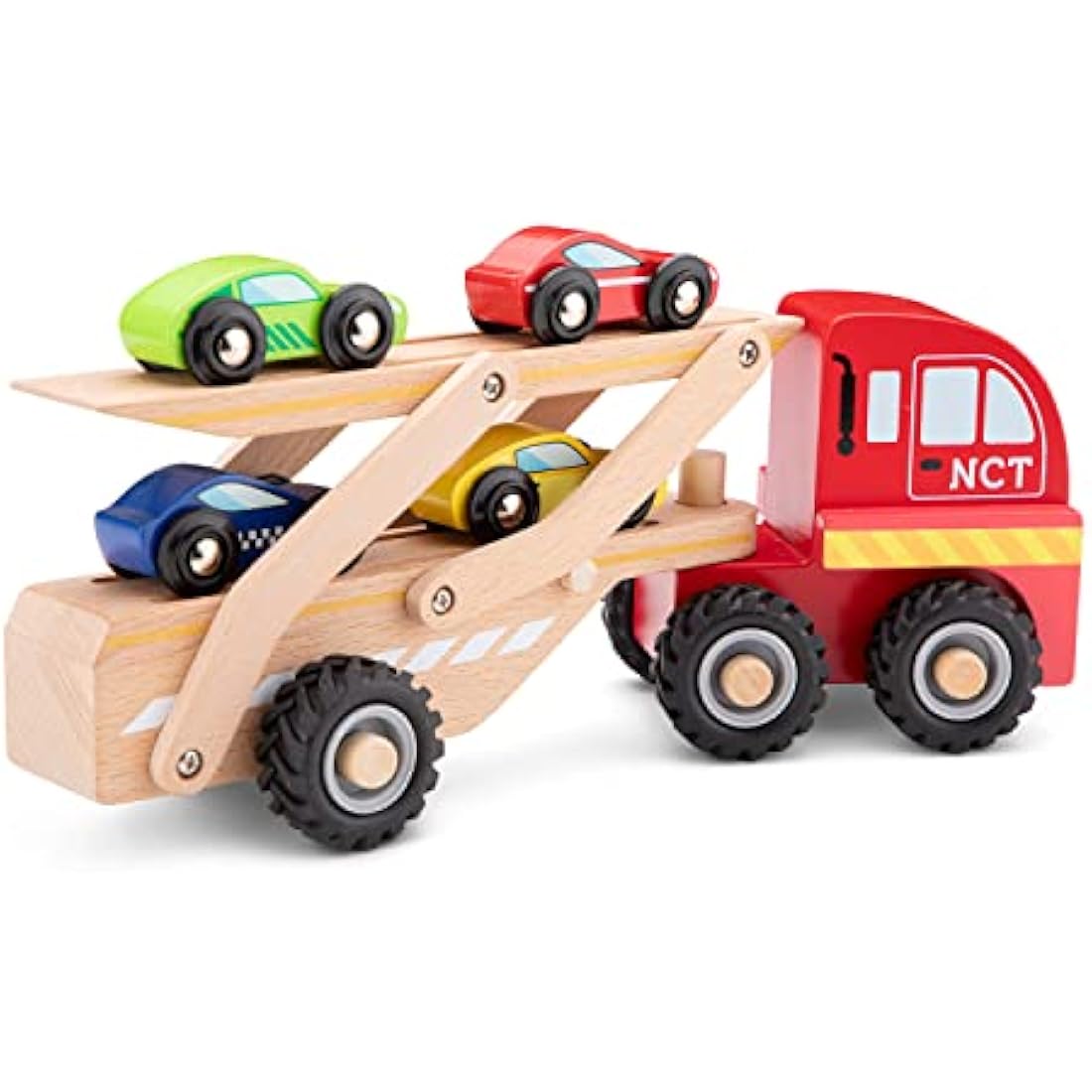 New Classic Toys - Wooden Car Transporter with 4 Vehicles - Montessori Toys, Car Game - Set of 1