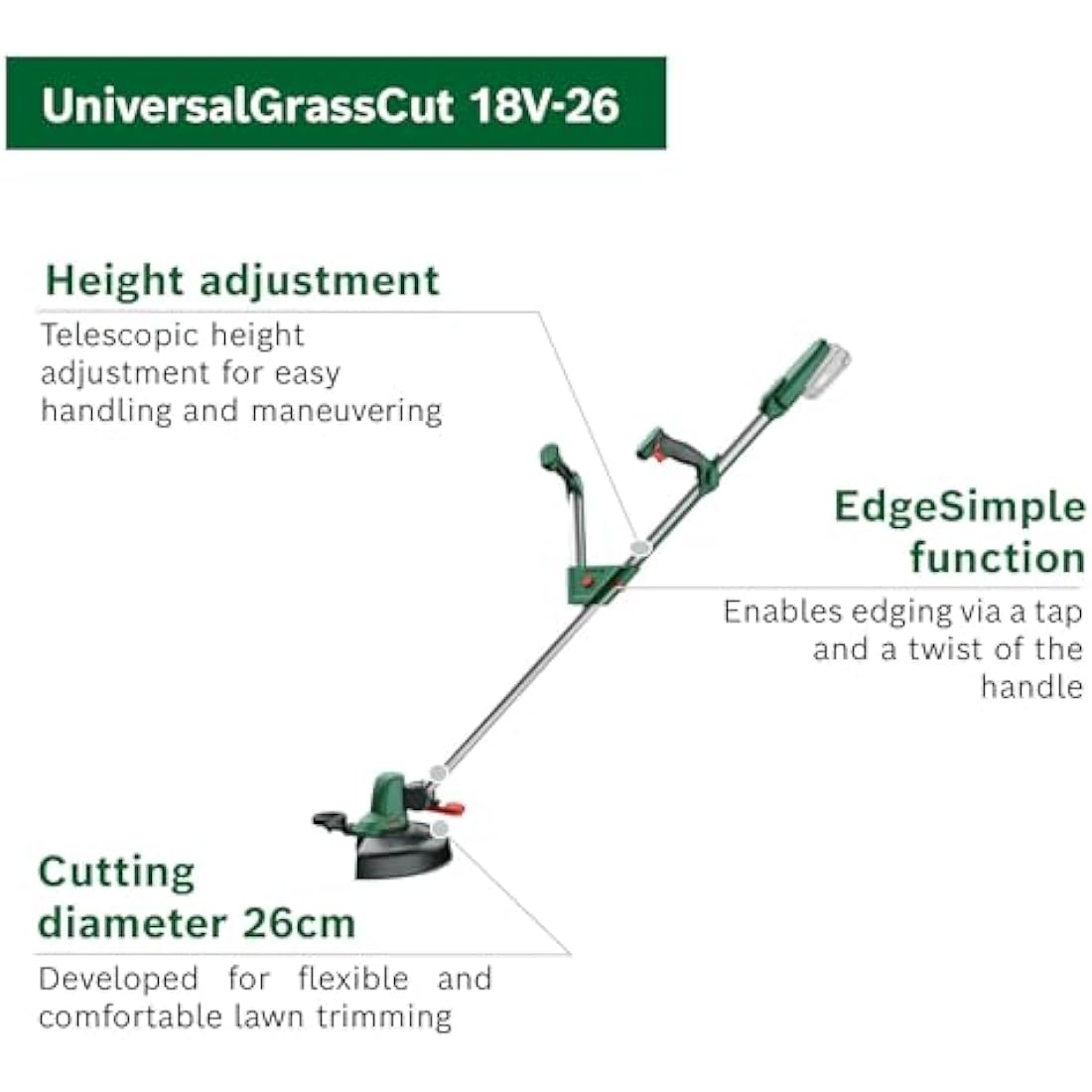 Bosch Cordless Grass Trimmer UniversalGrassCut 18V-26 (Without Battery, 18 Volt System, Cutting Diameter: 26 cm, Adjustable Handles, in Carton Packaging)