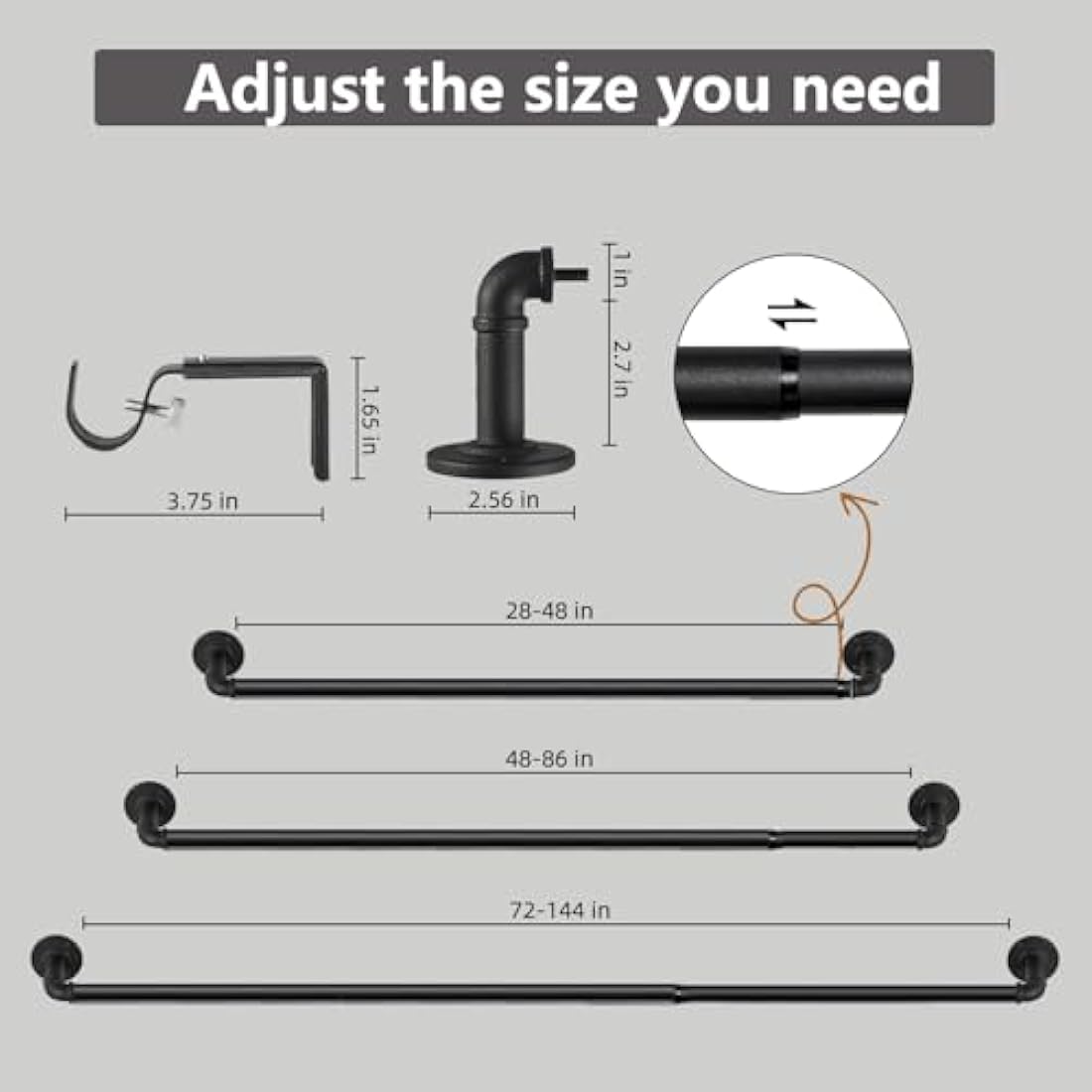 3 Pack Black Curtain Poles Metal, Industrial Curtain Rod for Eyelet Curtains, Industrial Curtain Pole for Windows 122cm-218cm, Room Divider Curtain Pole.