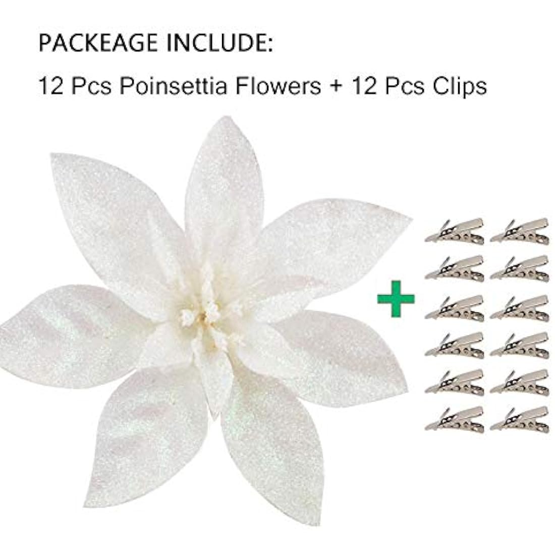 GL-Turelfies 12 Pcs Glitter Christmas Flowers(16cm/6.3’’) with 12 Pcs Clips Artificial Poinsettia Flower Christmas Tree Flower Decorations Xmas Tree Ornaments (White)