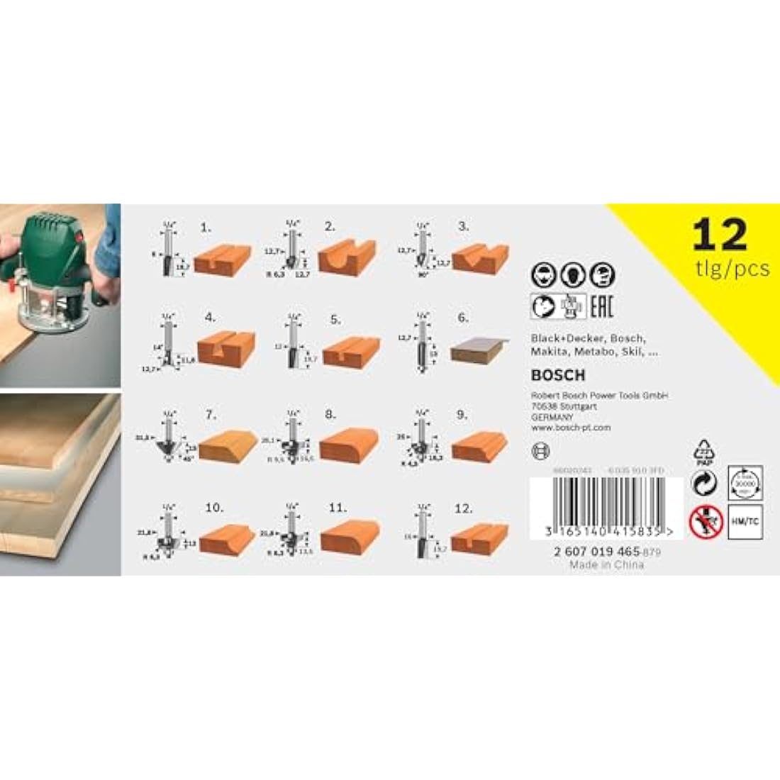 Bosch 12-Piece Router Bit Set (for Wood, Shank Ø 1/4", Accessory Routers)