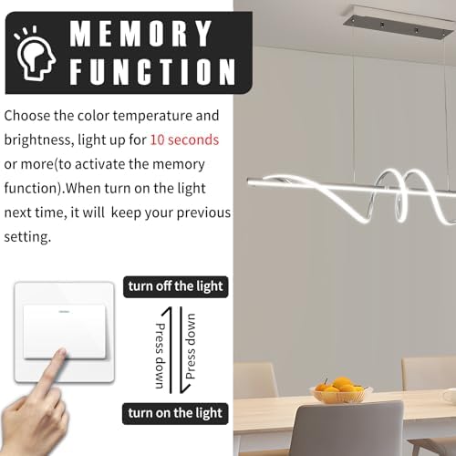 Mikeru 120cm Spiral Pendant Lighting, Chrome Kitchen Ialand Lights 3000K/4500K/6500K Dimmable 10% to 100% Hanging Modern LED Dining Lamp Ceiling with Memory Function for Living Room
