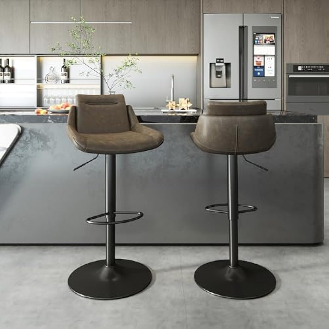LXRADEO Bar Stools Set of 2 - PU Leather Height Adjustable With Backrest, Modern Swivel Kitchen Stools for Dining Room & Counter, Ergonomic Rotating Chairs With Wide Stable Base, Brown