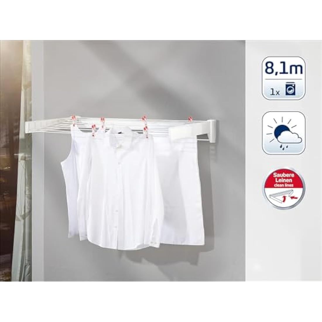 Leifheit Telegant 81 Protect Plus Wall-Mounted Clothes Airer, Foldaway Towel Rack for Indoor & Outdoor, Clothes Drying Rack for Indoor or Outdoor, 103 x 53 cm, 8.1 m Drying Space, White