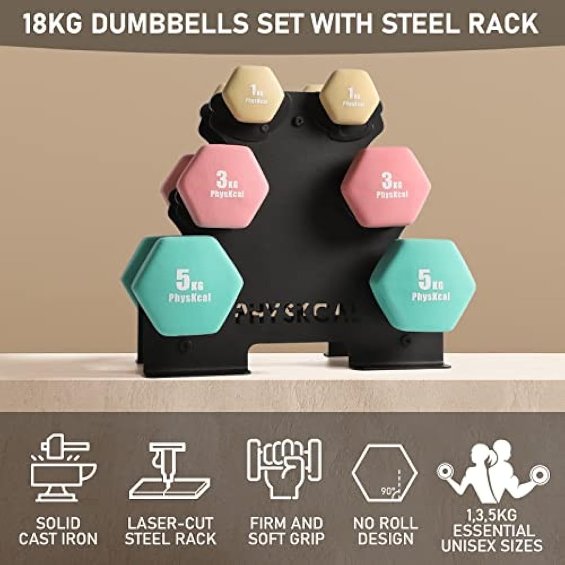 PhysKcal Dumbbells Set with Storage Rack, Hand Weights Set for Home, Gym & Studio