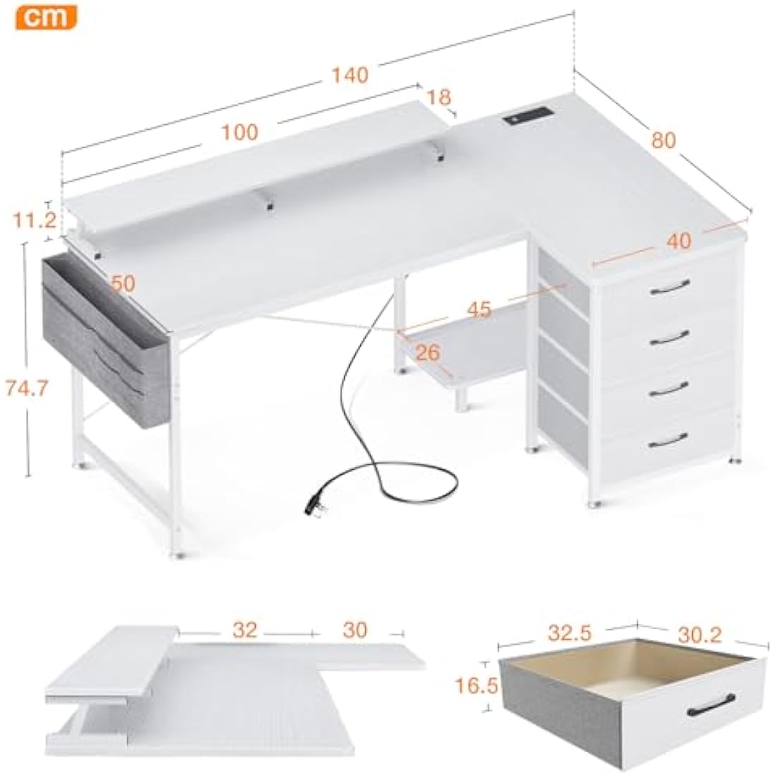 ODK Corner Desk with Drawers, L Shaped Computer Desk 140x80cm with USB Charging Port & Power Outlet, Home Office Desk with Monitor Stand and PC Stand, Gaming Desks Workstations, White