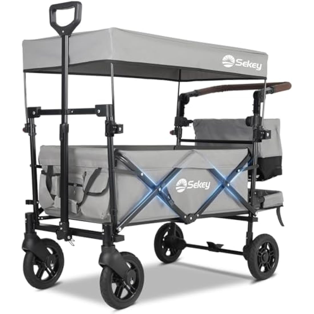 Sekey Kids Folding Handcart Wagon with Removable Canopy, Versatile Foldable Transport Trolley for Family Outings Including Shockproof PU Wheels, 220LBS(100KG) Weight Capacity, Push Handle, Grey
