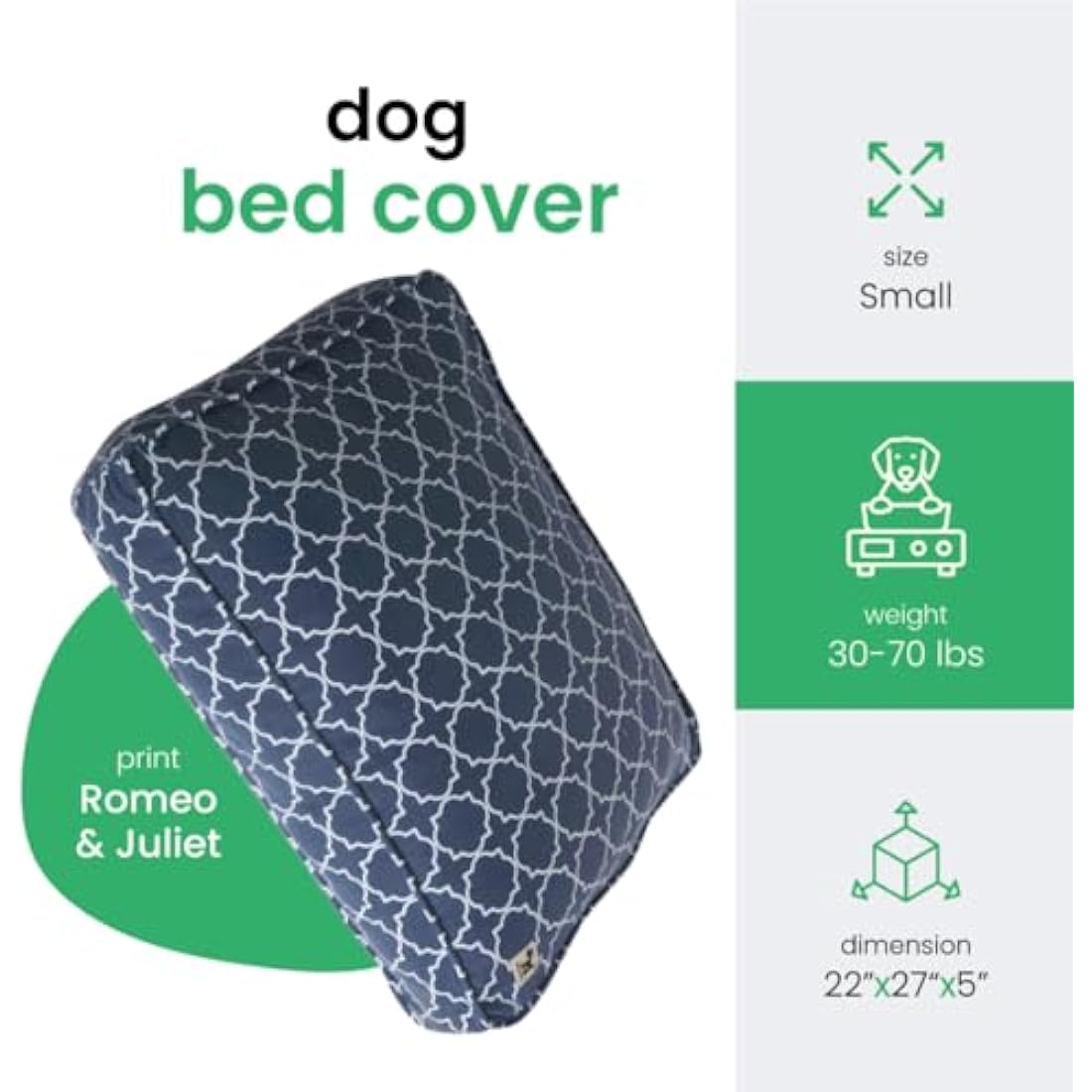 Molly Mutt Small Dog Bed Cover - Romeo & Juliet Print - Measures 22”x27”x5’’ - 100% Cotton - Durable - Breathable - Sustainable - Machine Washable Dog Bed Cover