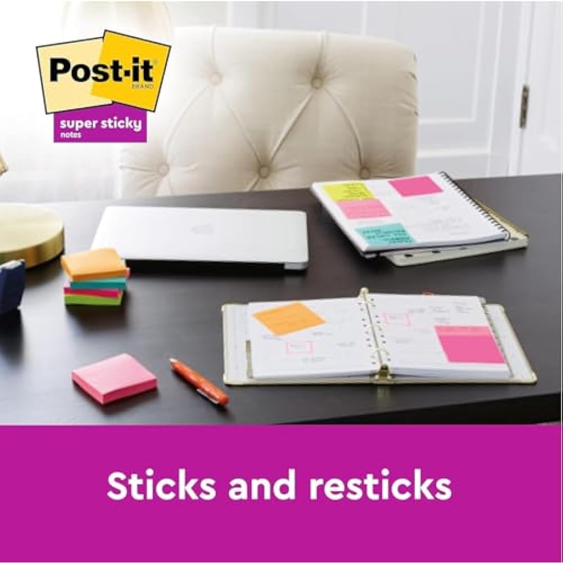 Post-it Super Sticky Notes Ultra Yellow Colour, Pack of 12 Pads, 90 Sheets per Pad, 76 mm x 127 mm - Extra Sticky Notes for Note Taking, to Do Lists & Reminders