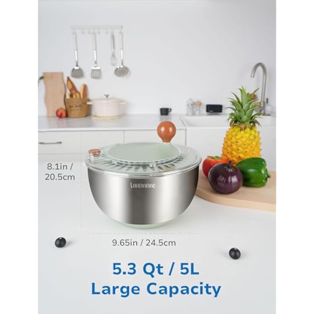 Lunememo Stainless Steel Salad Spinner, Lettuce Spinner with Drain, Non-Slip Base, Stop Button, Vegetable Dryer, BPA Free, 5L