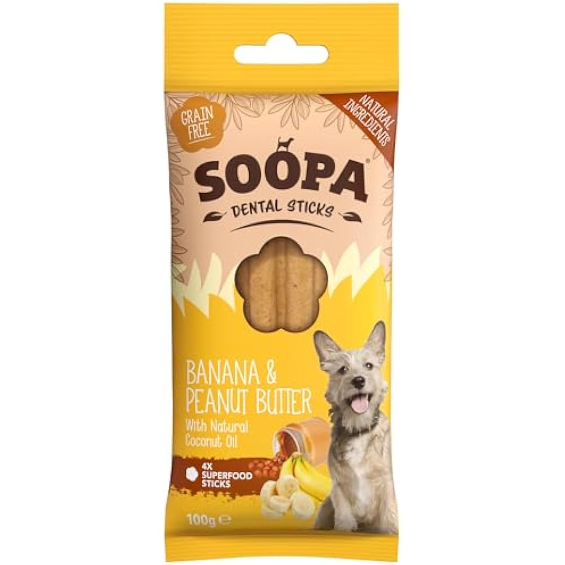 Soopa Grain Free Banana and Peanut Butter Dental Dog Treats, 4 Sticks