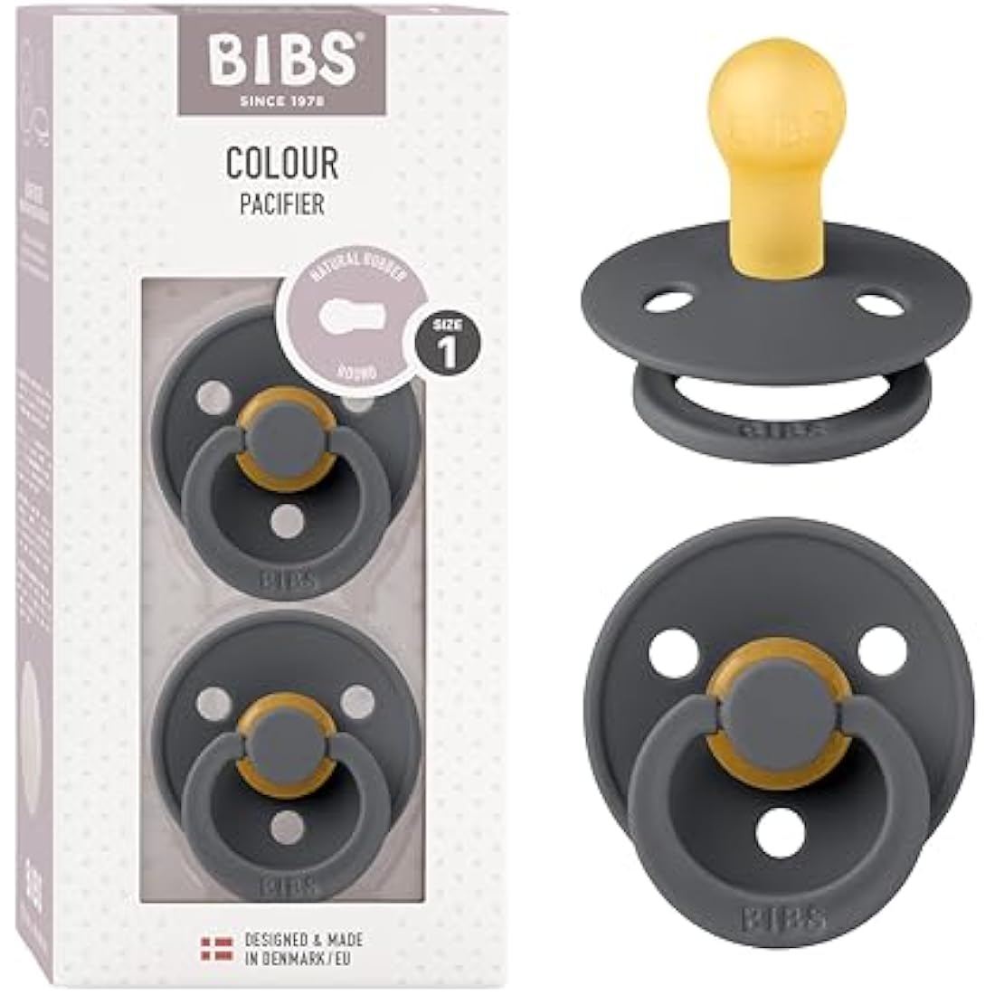 BIBS Colour Soother 2-Pack, BPA Free Dummy Pacifier, Round Nipple. Natural Rubber Latex, Made in Denmark, Size 1 (0-6 Months), Iron