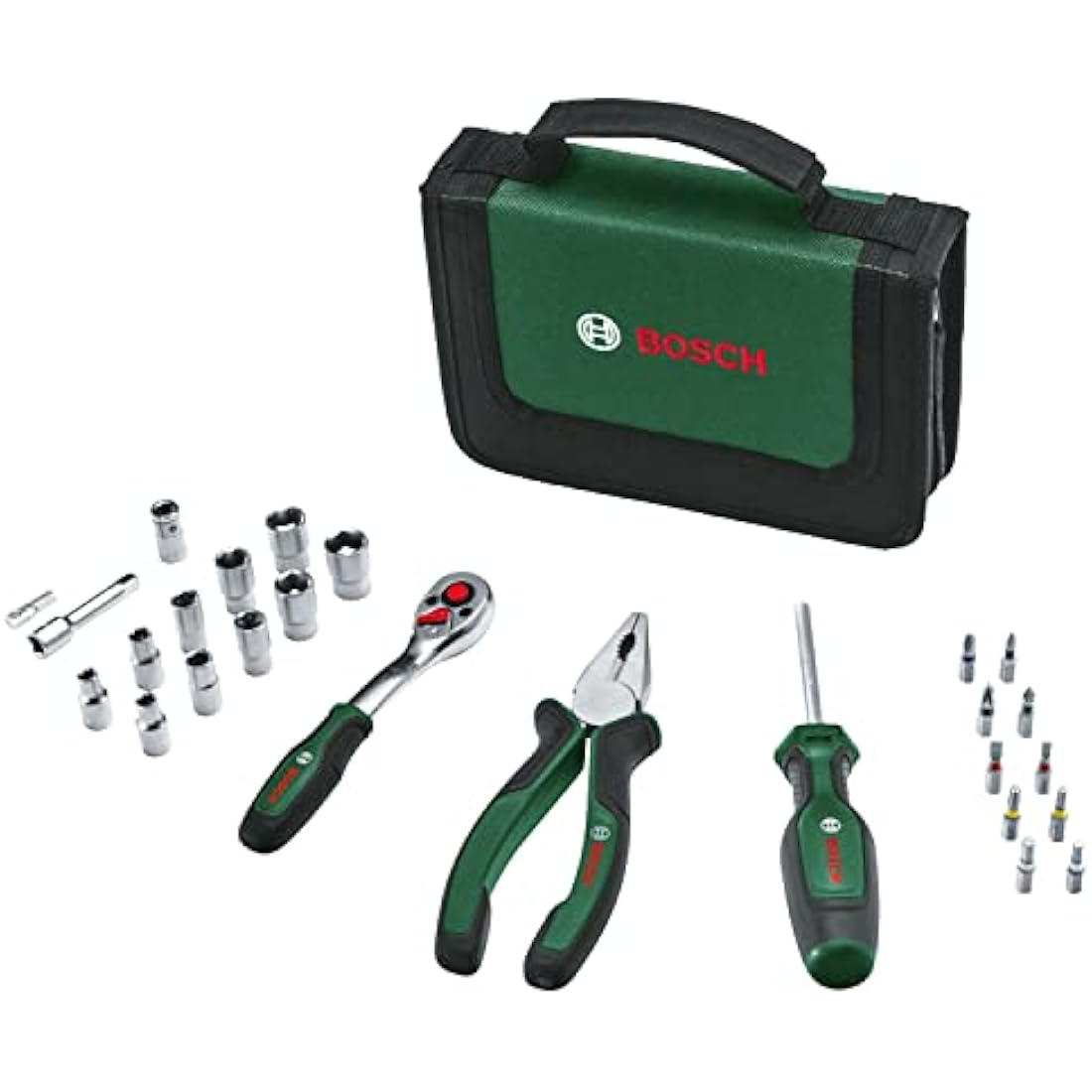 Bosch Mobility Hand Tool Set 26-Piece (Compact and Portable Tool Kit for DIY Tasks; Optimal Choice on The Road; 1/4" Ratchet; Combination Pliers; Universal Screwdriver; in Fabric Bag)