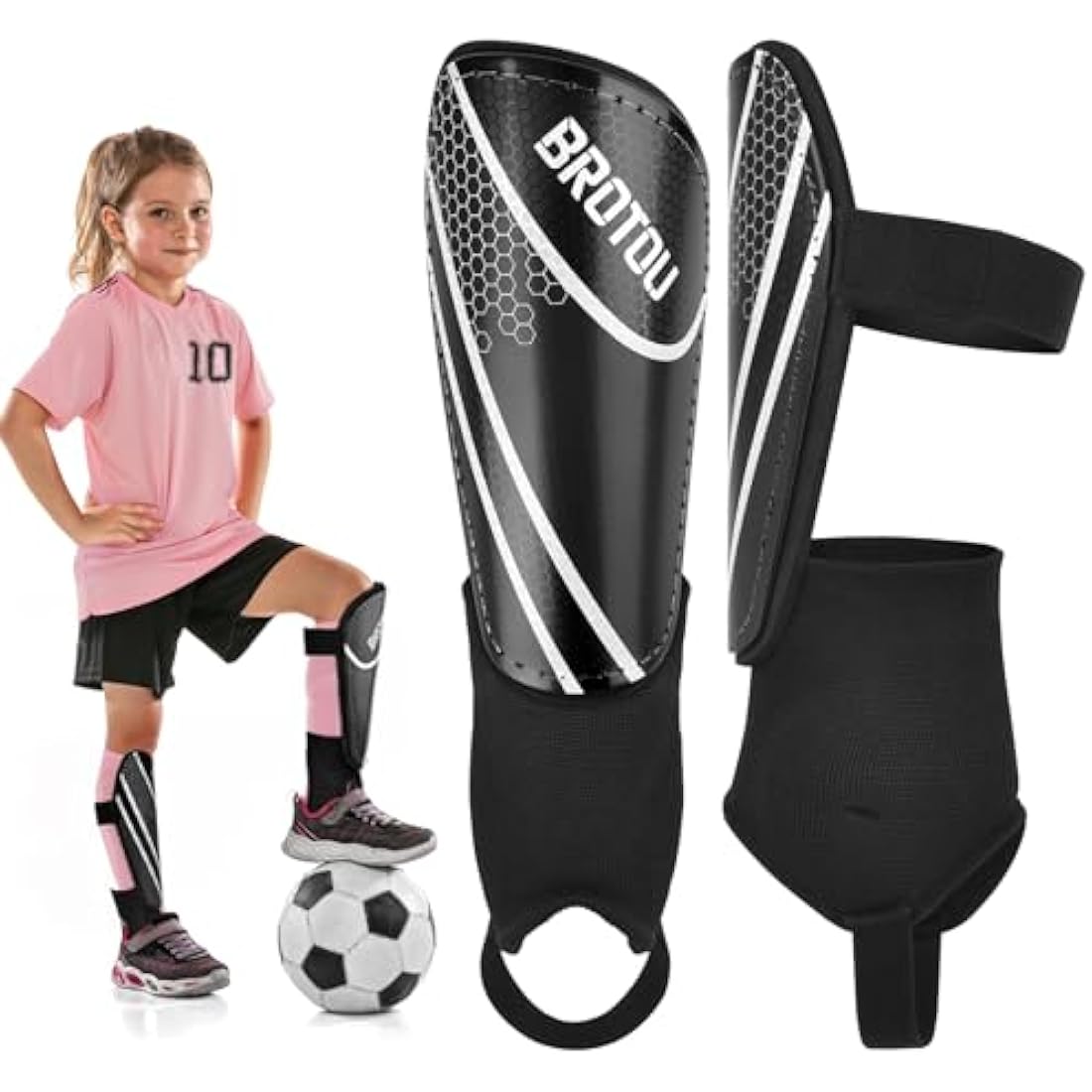 Youth Football Shin Guards, BROTOU High Strength Junior Shin Pads with Calf & Ankle Protection, Lightweight Design, Breathable, Non Slip Extended Adjustable Straps, for Boys and Girls