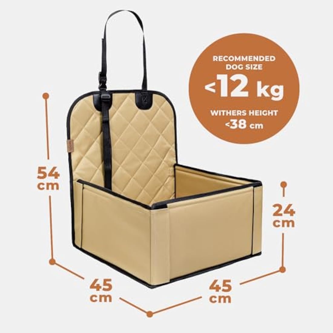 Wuglo Extra Stable Dog Car Seat - Robust Car Dog Seat or Puppy Car Seat for Small to Medium-Sized Dogs - Reinforced Walls and 3 Belts - Waterproof Pet Car Seat for Back and Front Seat (Beige)