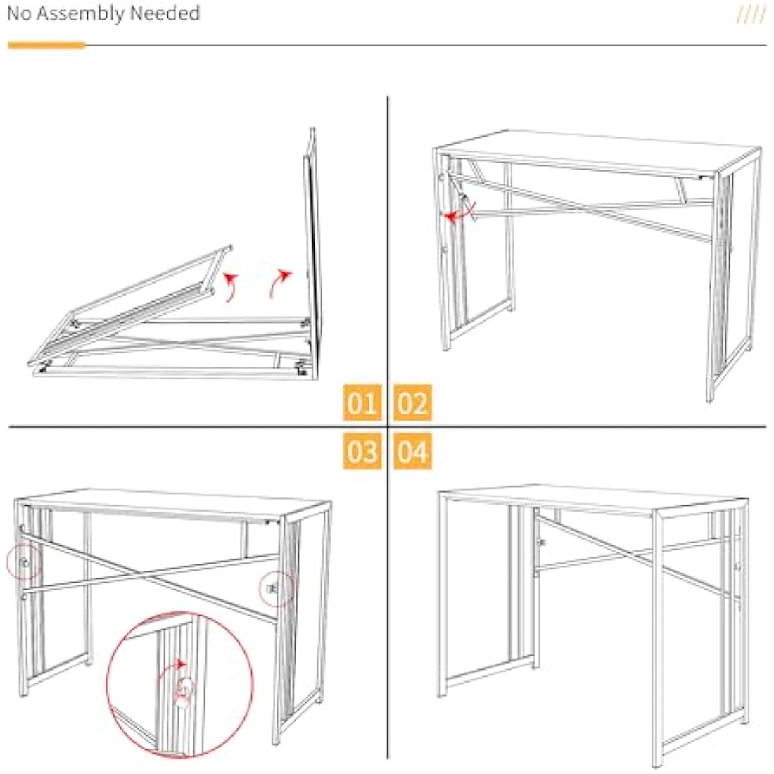 Lutown-Teen 103 cm Folding Desk, Writing Gaming Computer Camping Desk, No Assembly Required Home Office Table, White