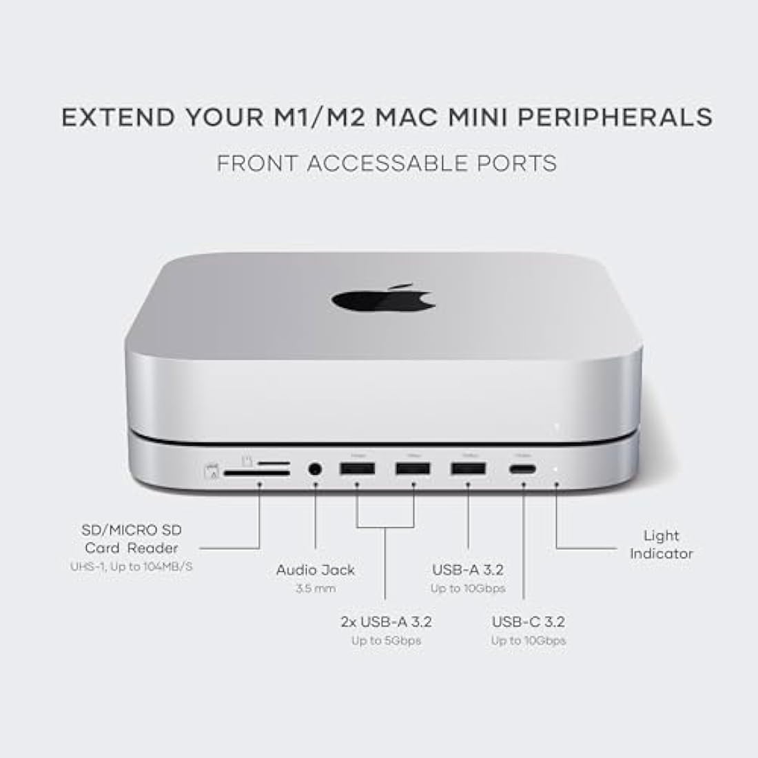 SATECHI Mac Mini Hub & Stand with SSD Enclosure for NVME/SATA M.2, Mac Mini Dock with USB-C 10Gbps, 3 USB-A 5/10Gbps, 2.0 Audio Jack, for Mac Studio, Mac Mini M2/M1 (Not Compatible with M4) – Silver