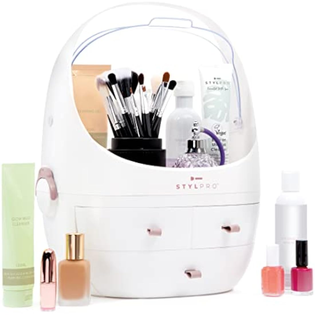 STYLPRO Beauty Storage Pod, Cosmetics & Skincare Organiser with 3 Drawers, Detachable Lid, Dustproof Cover & Travel Handle for Dresser, Bedroom, Bathroom & Home Organisation, White 31x27x40cm