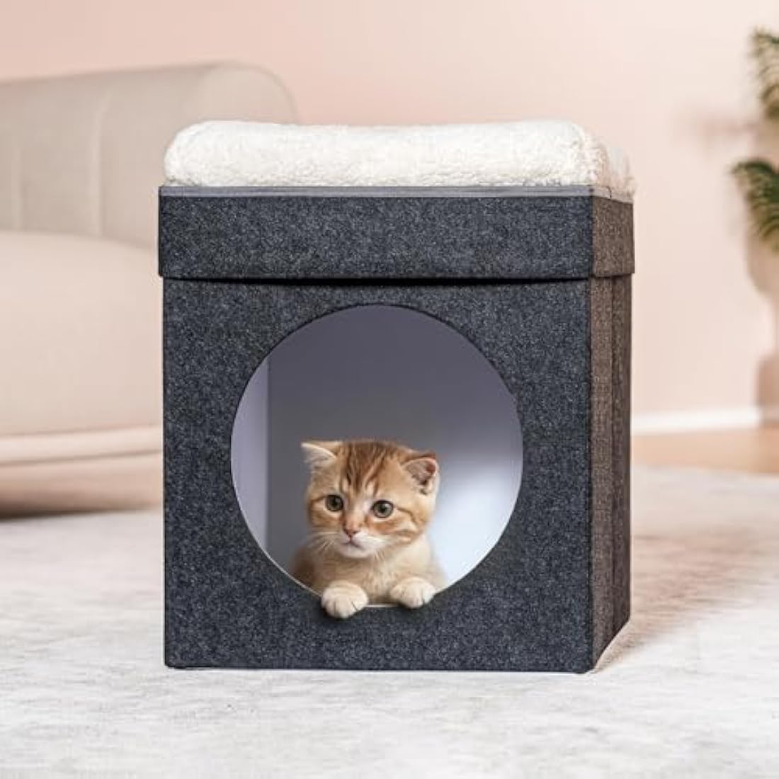 Bonlife Cat Beds for Indoor Cats,Foldable Large Felt Cat House for Winter with Two Move Cushion,Warm Comfortable Dog Bed，Dark Grey 45X45X50CM