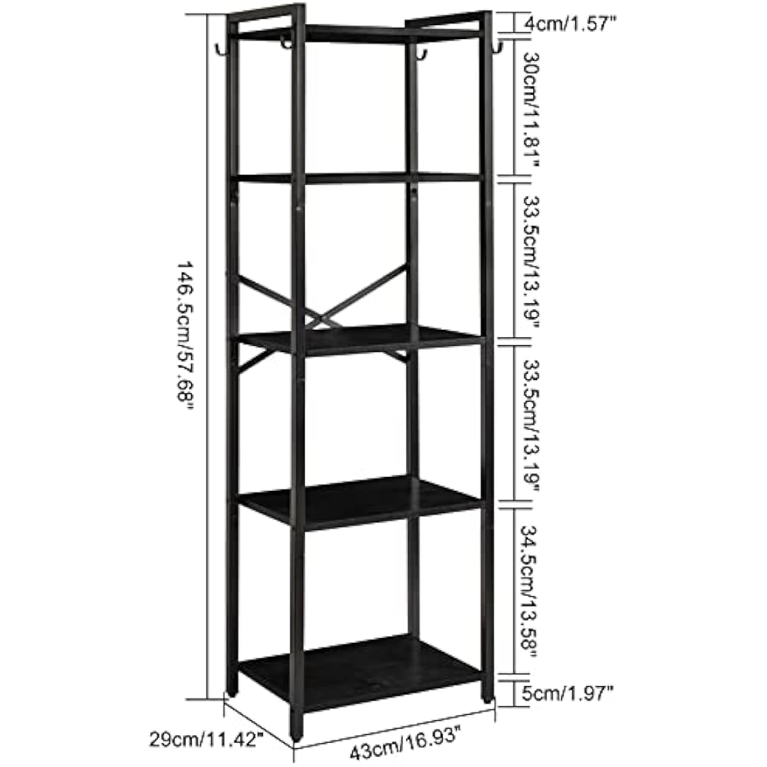 YMYNY Bookshelf,5 Tier Storage Rack, Plant Rack, Storage Rack with Steel Frame,for Living Room, Office, Study, Hallway, Industrial Style, Black HBC005B