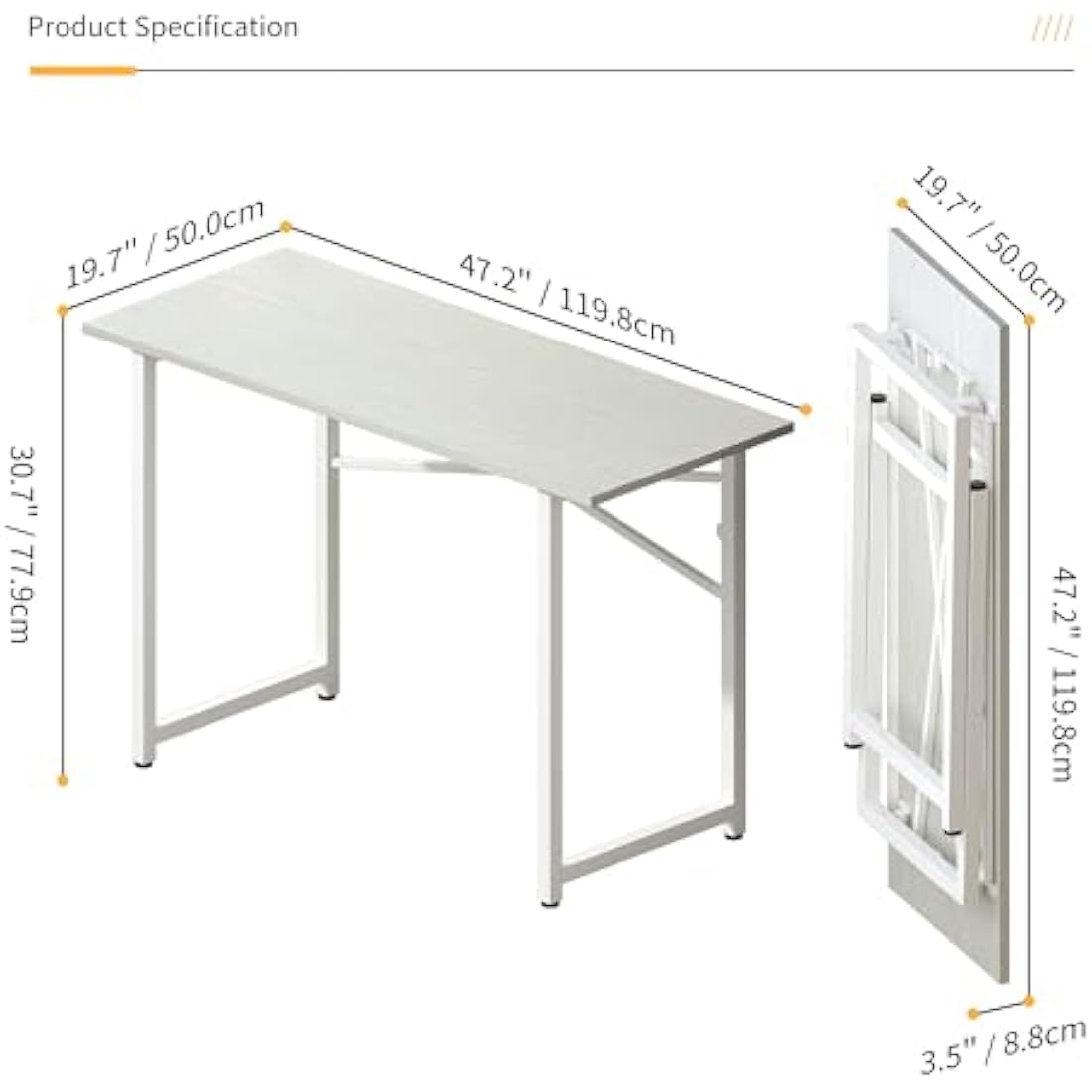 Lutown-Teen 120 cm Folding Desk, Writing Gaming Computer Camping Desk, No Assembly Required Home Office Table, White
