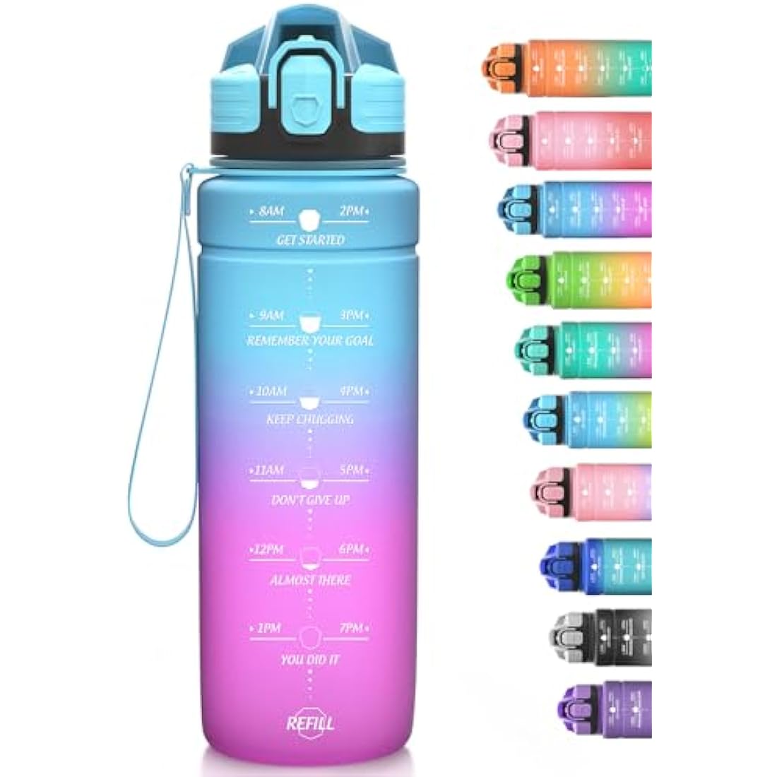 Niggeey Motivational Water Bottle with Time Marker, Sports Bottles 1.5l, 1l, 700ml, 500ml Kids Bottles, Leak Proof BPA Free Tritan Drink for School, Gym and Sport, Cycling, 24oz-bluepurple