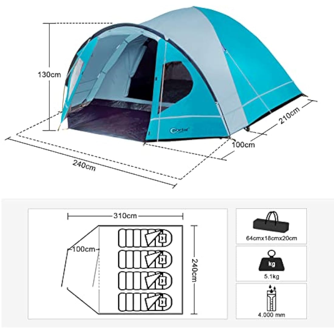 Portal 3-4 Man Tent with Porch, Camping Tent for 3 to 4 Persons with Sewn-in Groundsheet, 4000mm Waterproof Family Tent with Bedroom, Lightweight Dome Tent for Outdoor Garden Backpacking Hiking