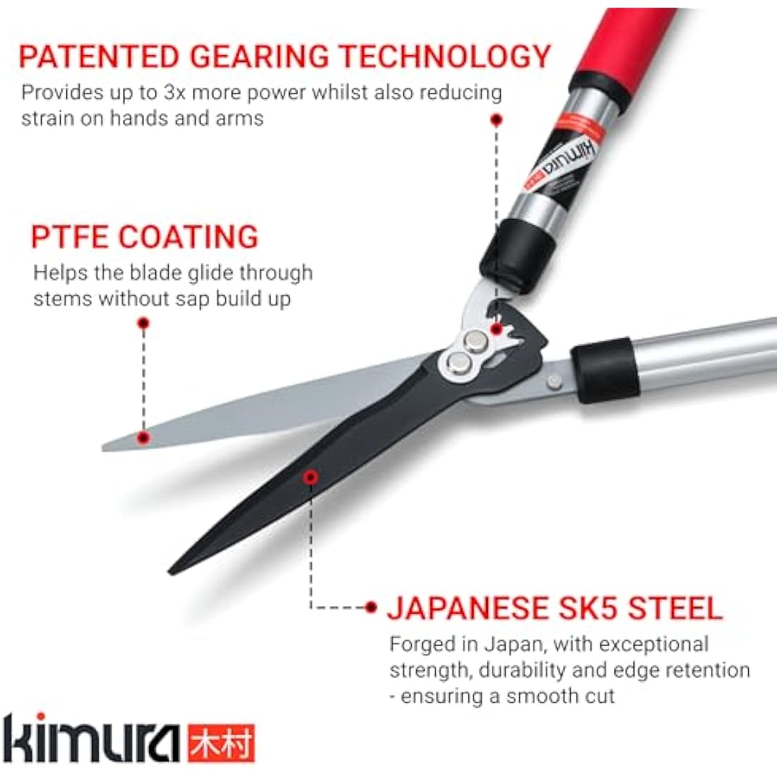 Kimura® Pro Heavy Duty Garden Shears - Premium Hedge Shears with Patented Gearing Technology, Ultra Lightweight Aluminium Handles, Japanese SK5 Steel Blades, Ideal Shears for Gardening - 560mm
