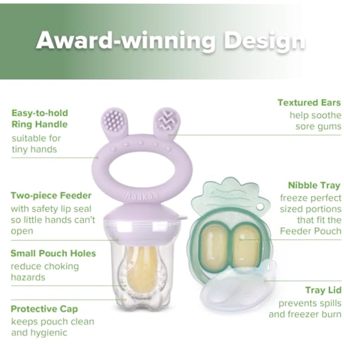 Haakaa Baby Fruit Food Feeder & Mini Freezer Nibble Tray Combo, Breastmilk Popsicle Molds for Baby Cooling Relief, BPA Free Silicone Feeder for Safe Infant Self Feeding, 4 Month+ (Lavender)