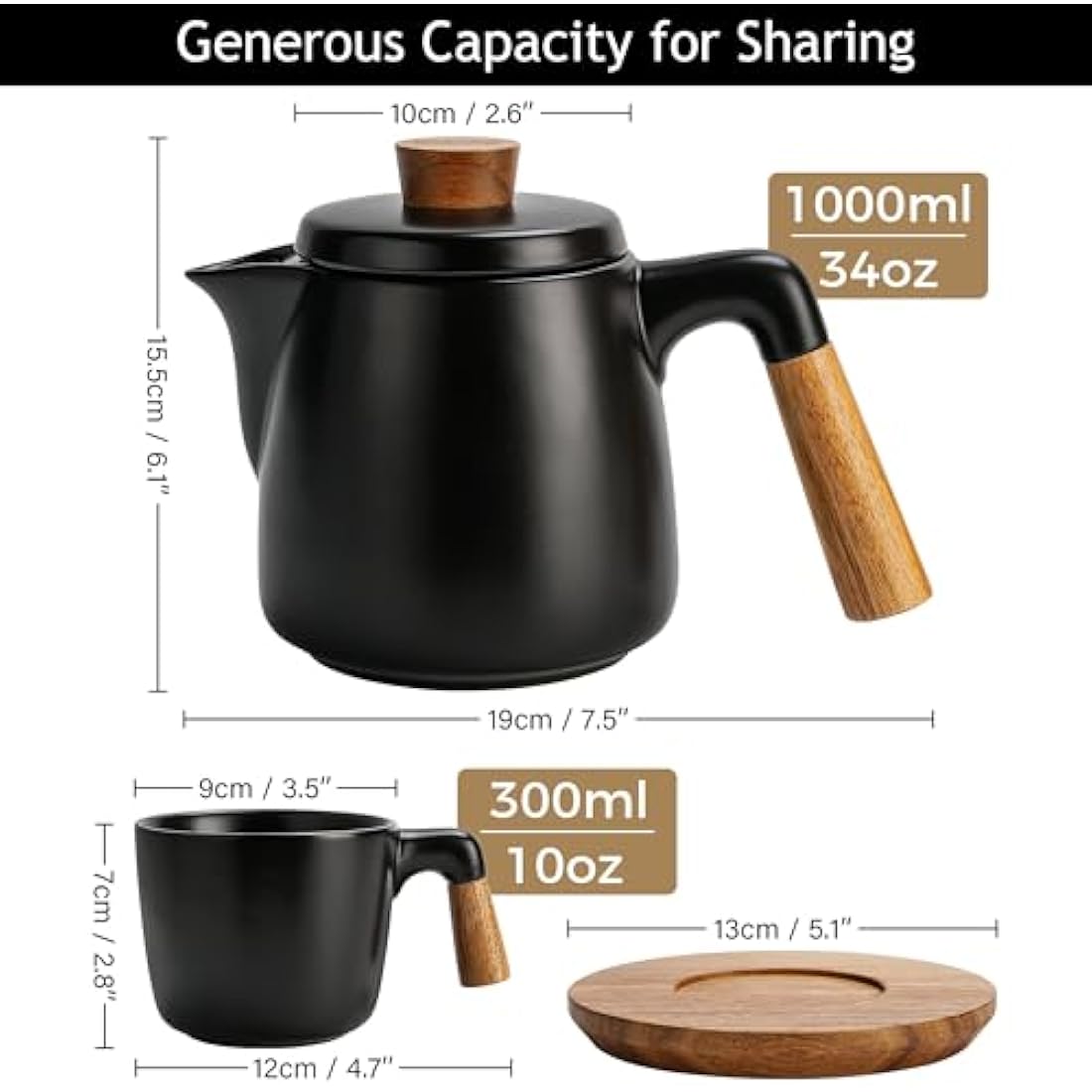 MIAMIO – 1000 ml Ceramic Tea Pot Set with Infuser and Cups/Tea Strainer, 4 Ceramic Tea Mugs (300 ml), Bamboo Saucers/Handle for Home and Office (Black)
