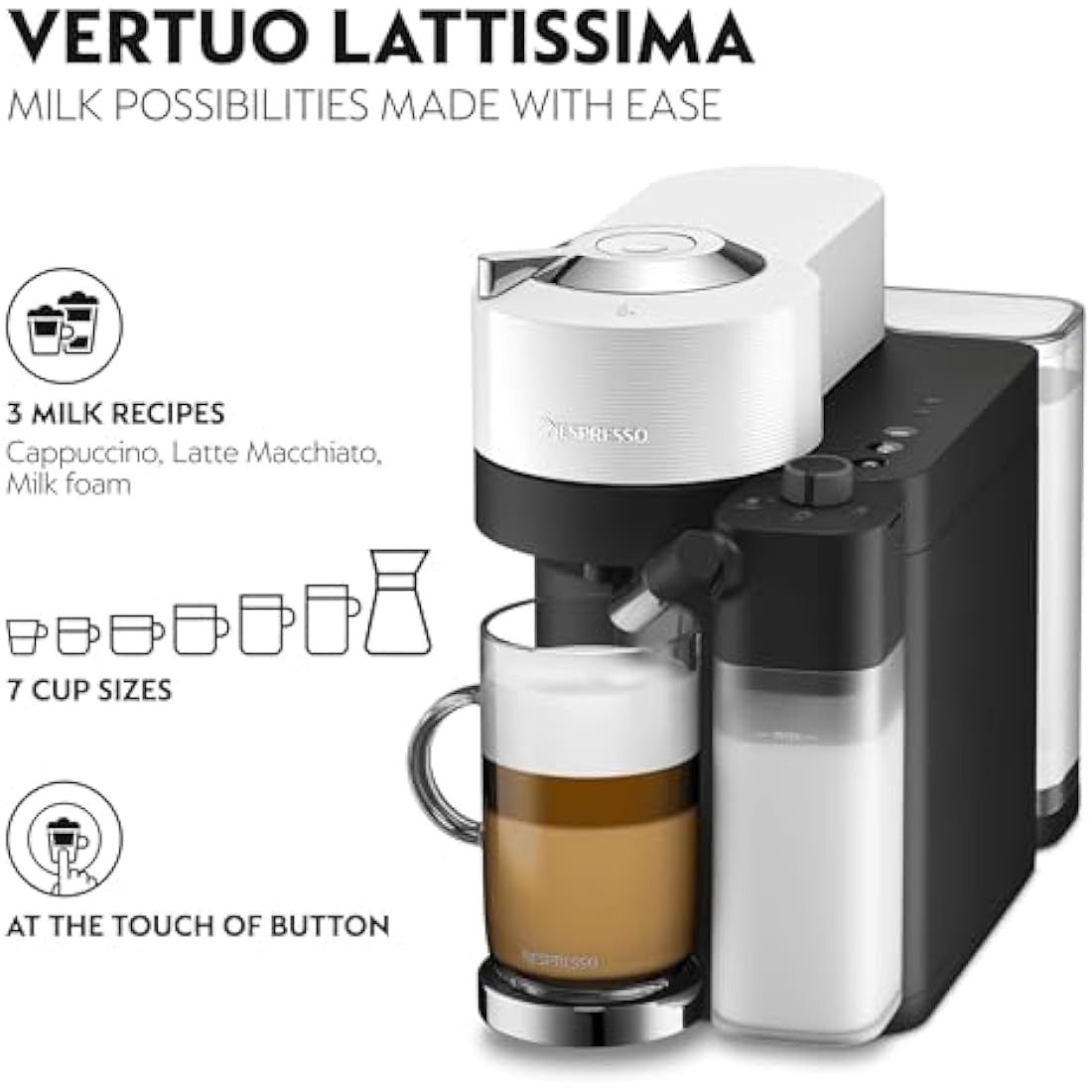 Nespresso Vertuo Lattissima Coffee Machine by De'Longhi for Vertuo Coffee Pods, Latte, Cappuccino, Integrated Milk Frother, Starter Capsule Set Included, ENV300.W, White