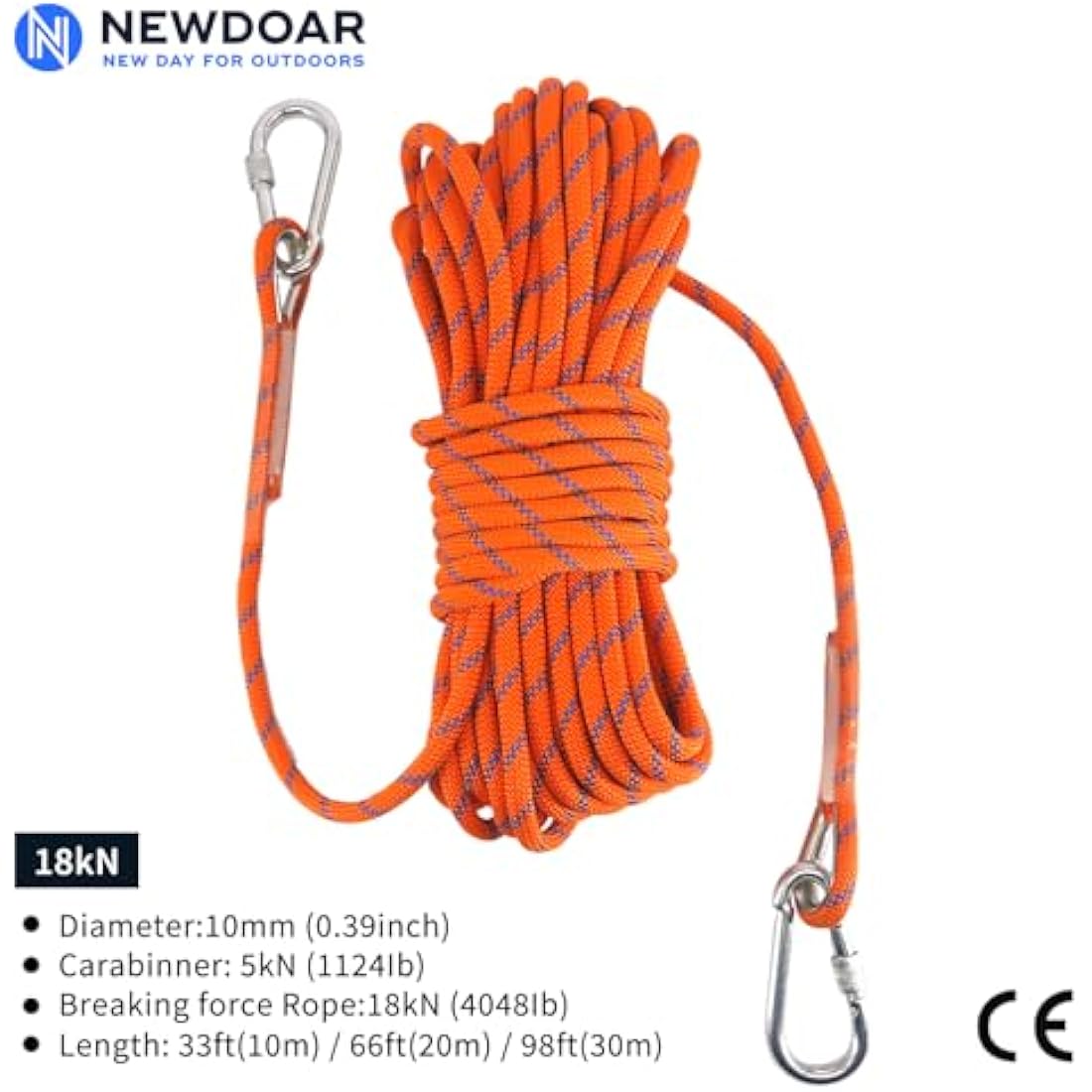 NewDoar 18KN Static Climbing Rope 10mm Accessory Cord Equipment 33FT(10M) 66FT(20M) 98FT(30M) 165FT(50M) Escape Rope with 2 Carabiners for Ice Climbing Fire Rescue Rope Safety Rope