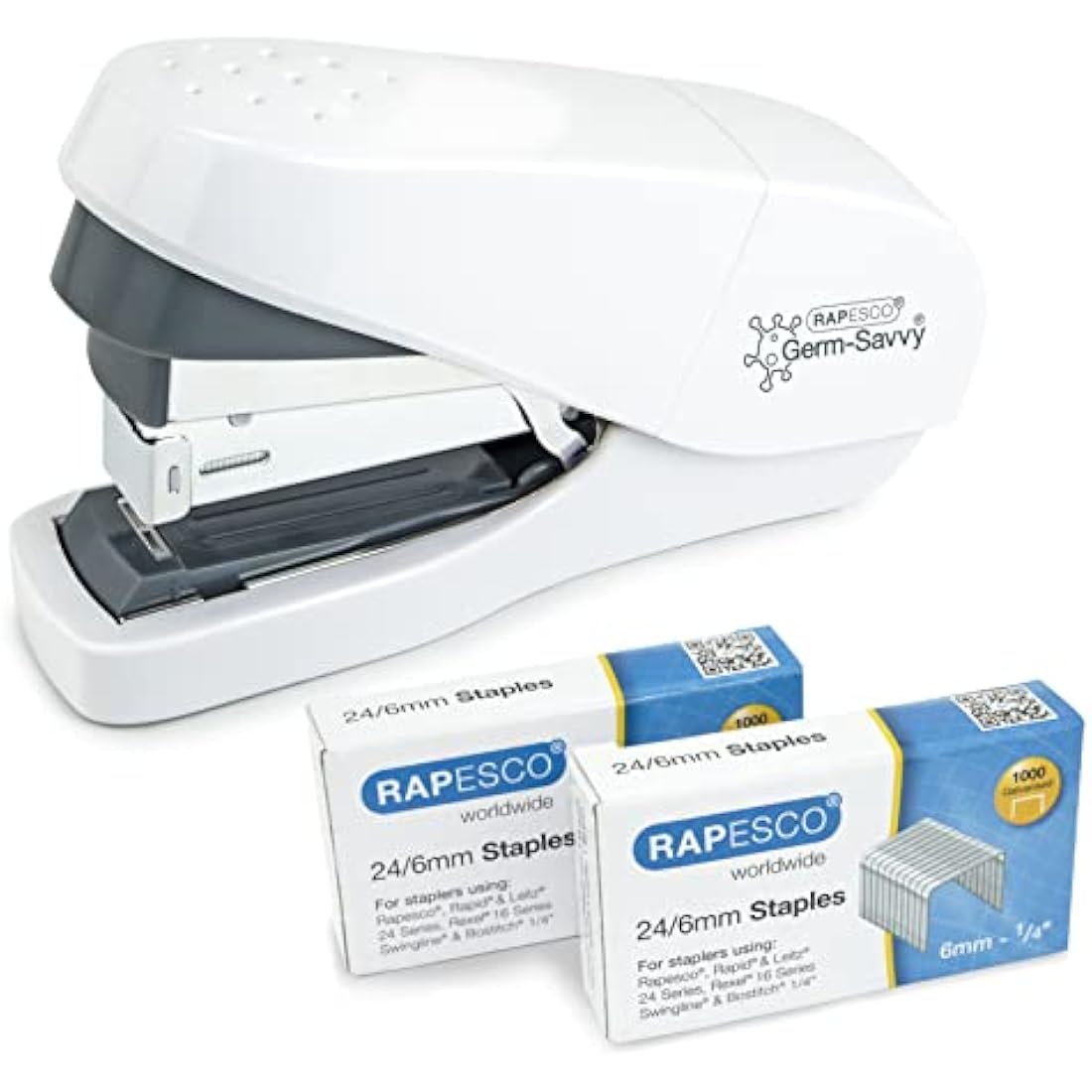 Rapesco 1689 ECO Less Effort Flat Clinch Stapler with 2000 Type 24/6mm Staples, 35 Sheet Capacity, White