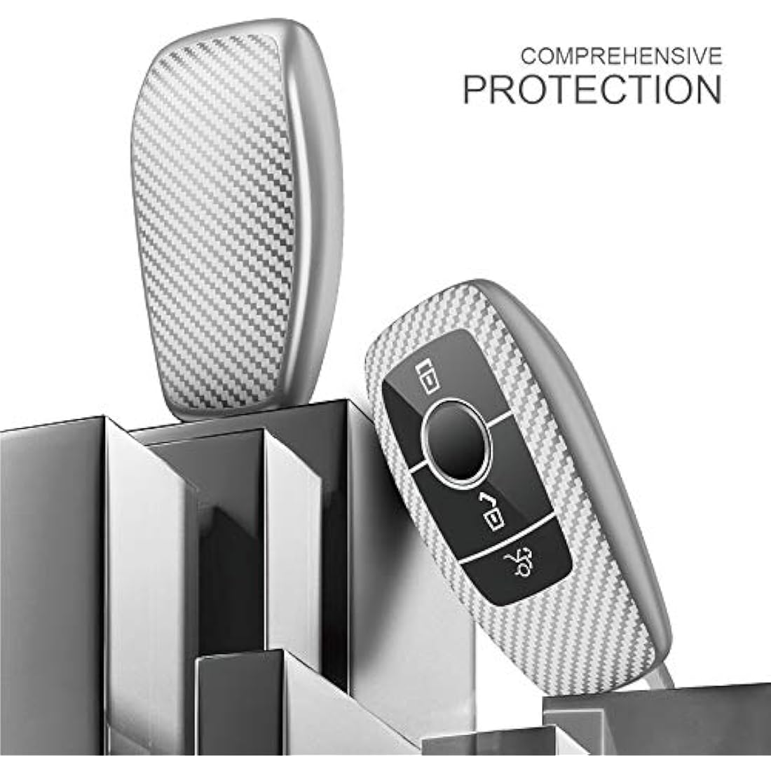 OATSBASF Car Key Cover Compatible with Mercedes Benz,Car Key Box for Benz E Class 2017 S 2018 (Silver-Stripe)