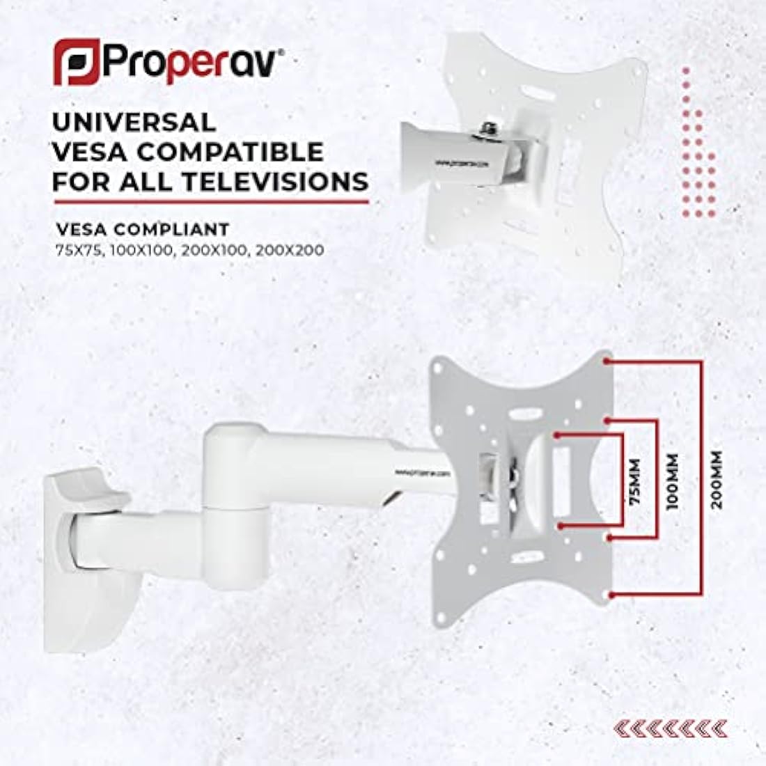 ProperAV White TV Wall Bracket for 23'' 24'' 28'' 32'' 37'' 40'' 42'' 43'' Tilt 20° VESA Max 200x200