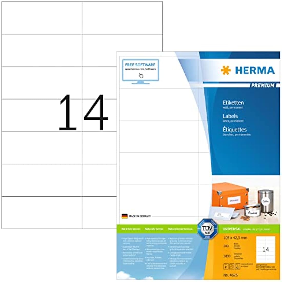 HERMA Self Adhesive Multipurpose Labels, 14 Labels per A4 Sheet, 200 Sheets, 105 x 42.3 mm, 2800 Labels, Blank Universal Labels Stickers, Sticky Labels for Laser & Inkjet Printer, White