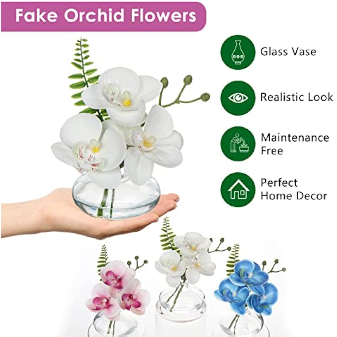 Briful Set of 3 Artificial Orchids in Glass Vase, White Orchids Fake Flowers in Faux Water Artificial Flowers for Decoration Artificial Plant for Living Room Bathroom Office Décor