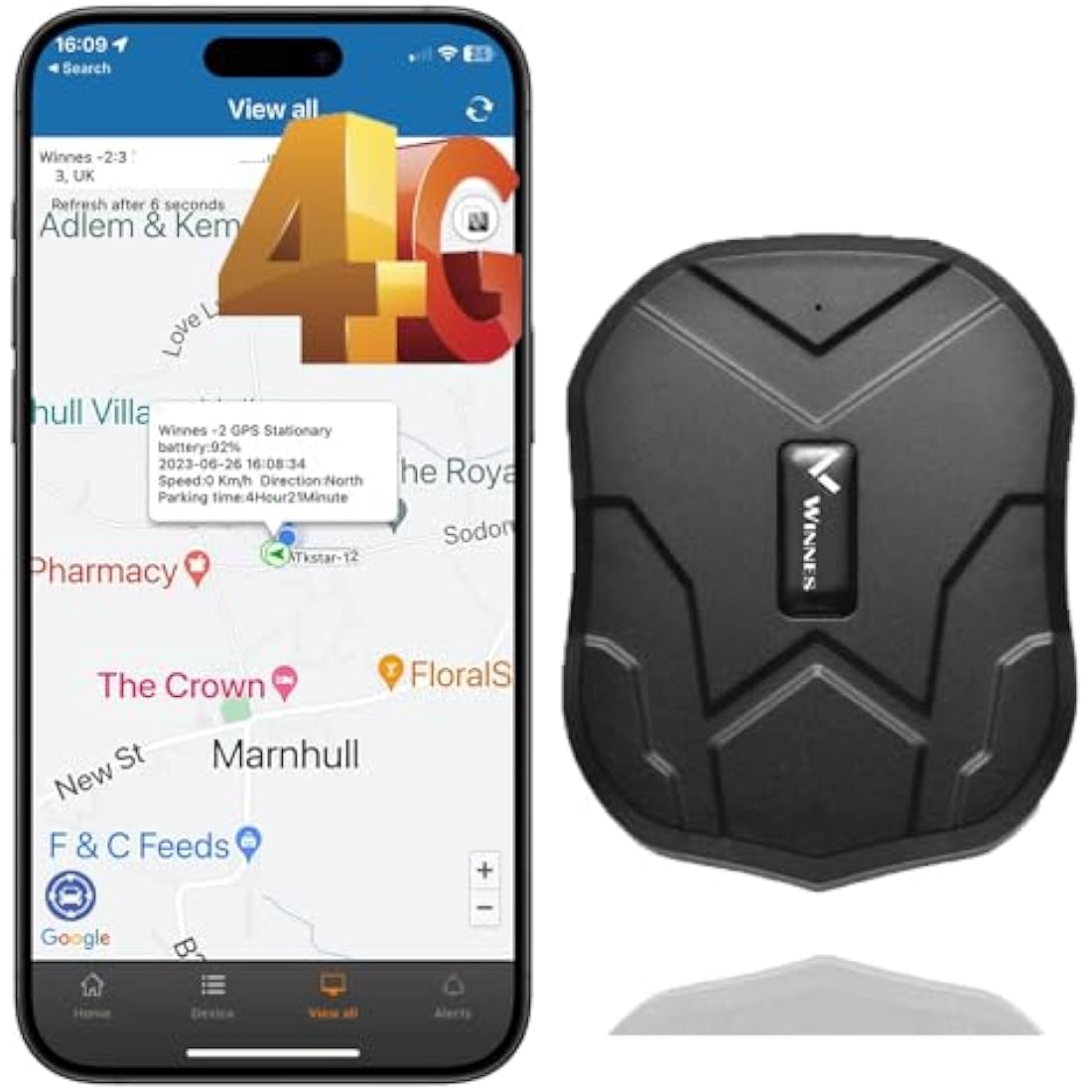 Winnes GPS Tracker Car without Subscription Magnetic Vehicle GPS Tracker 4G No Monthly Fee Long Life Wireless GPS Tracker Android iOS Car Tracker Big Battery Multiple Alerts