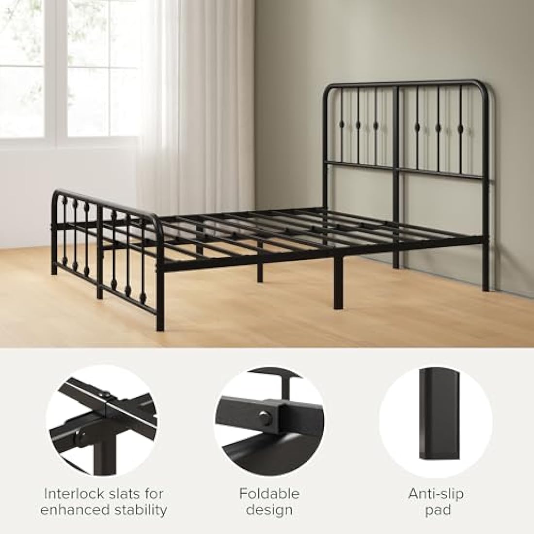 ZINUS Florence Single Bed Frame – Bed 90x190 cm – 35 cm Height –Metal Bed Frame with Headboard and Footboard – Platform bed with steel slat support – Clearance under the bed - Easy Assembly – Black