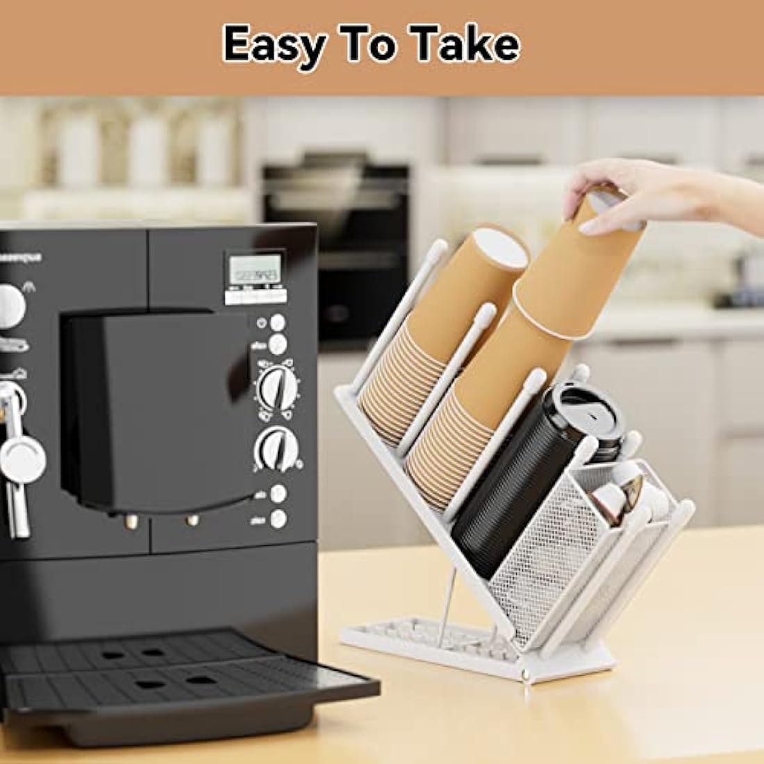 Ovicar Cup and Lid Holder - Adjustable 4 Compartment Disposable Cup Dispenser with Coffee Pod Straw Storage Basket for Bar Countertop Breakroom Metal White