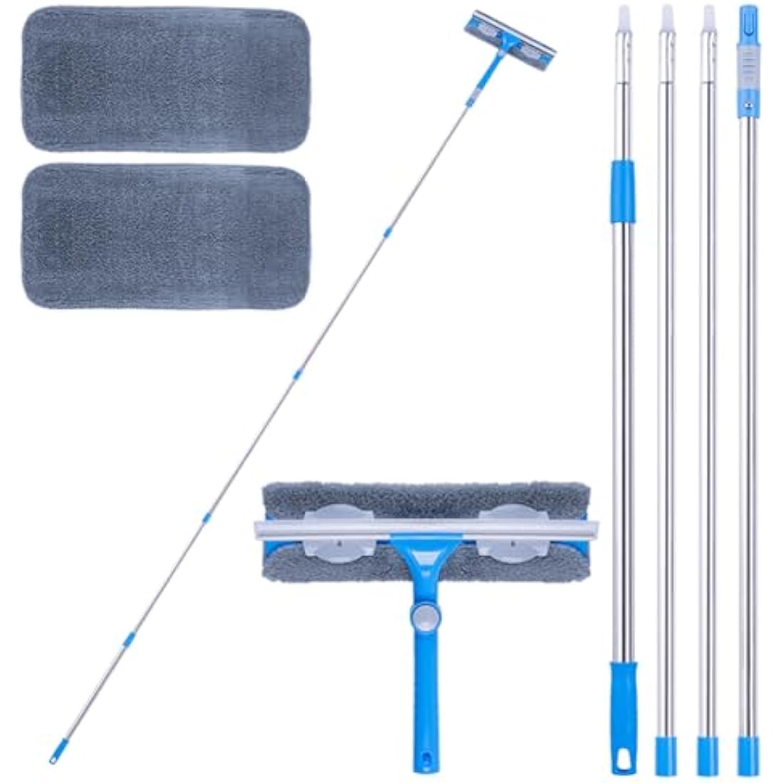 Mitclear 12 Foot (3.7m) Window Squeegee Cleaner Kit, Extension Poles + Silicone Squeegee (12in) + Window Washer, 2 in 1 Windows Glass Cleaning Tool for Indoor/Outdoor High Windows, Blue (IKU-110370)